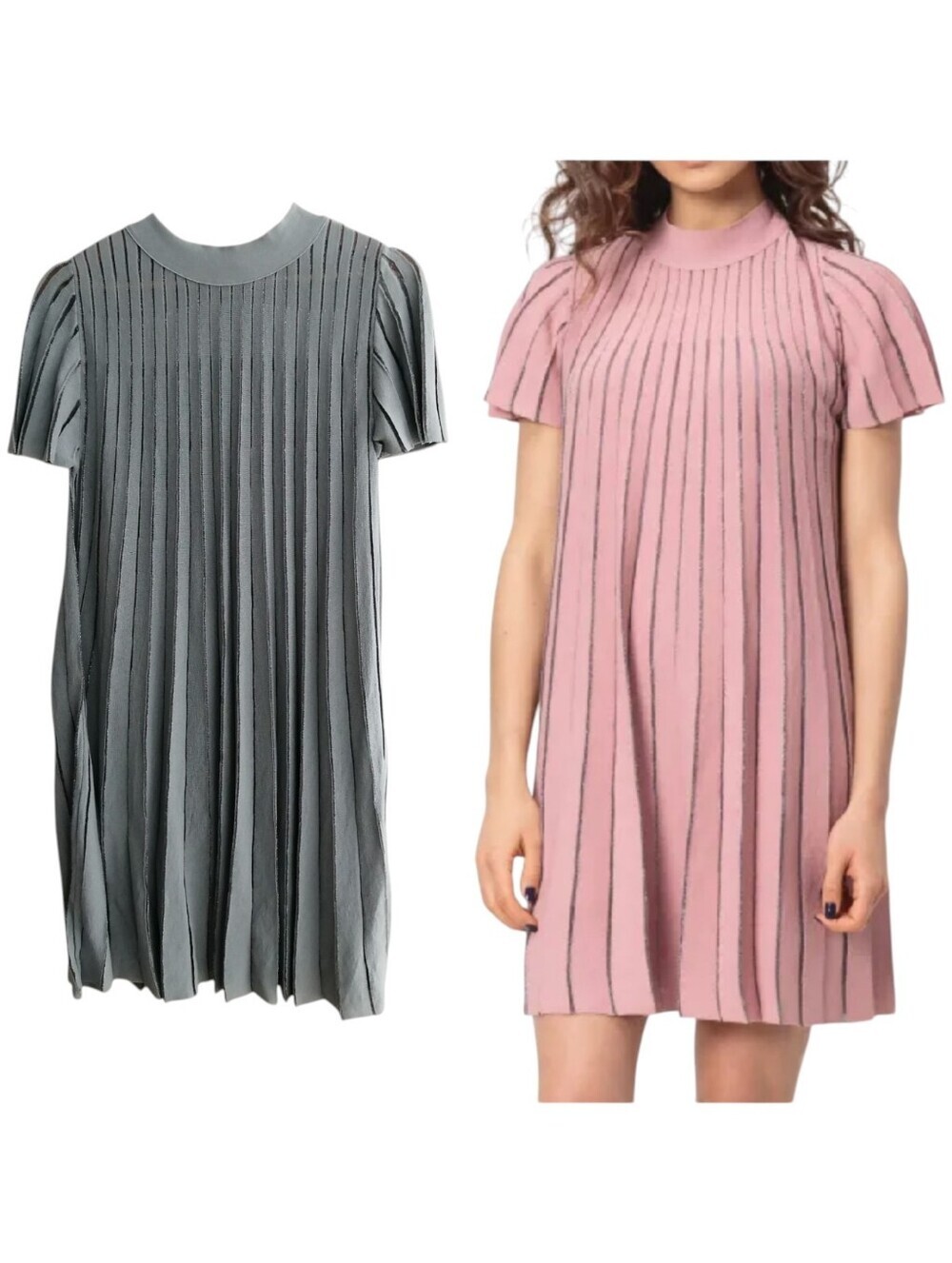 Red Valentino Pleated A-Line Loose Fit Dress Back Bow Grey with Metallic Medium